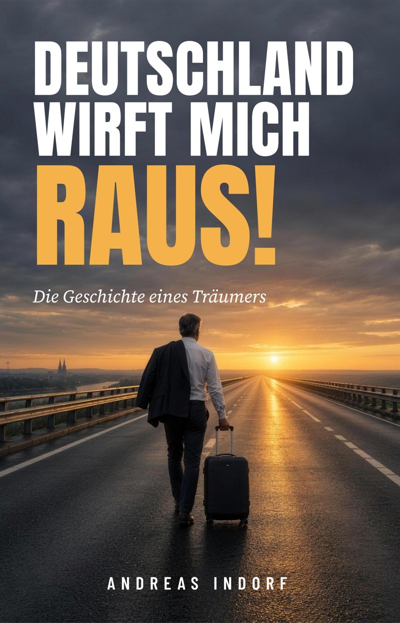 Buchcover: Deutschland wirft mich raus! von Andreas Indorf. Ein Mann mit Rollkoffer geht eine leere Autobahn dem Sonnenuntergang entgegen.